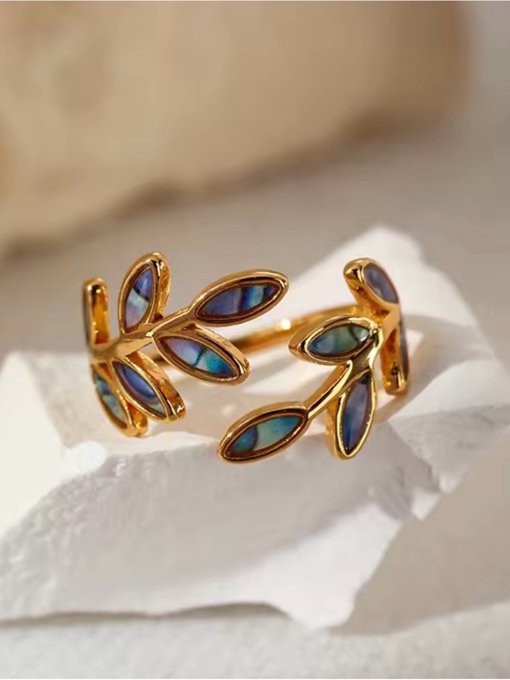 316L Stainless Steel Abalone Shell Leaf Open Ring Gold Tone Adjustable Statement